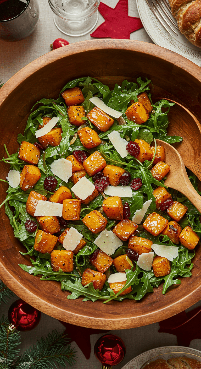 A large, beautiful bowl of vibrant and healthy Roasted Butternut Squash Salad with a warm cider vinaigrette.