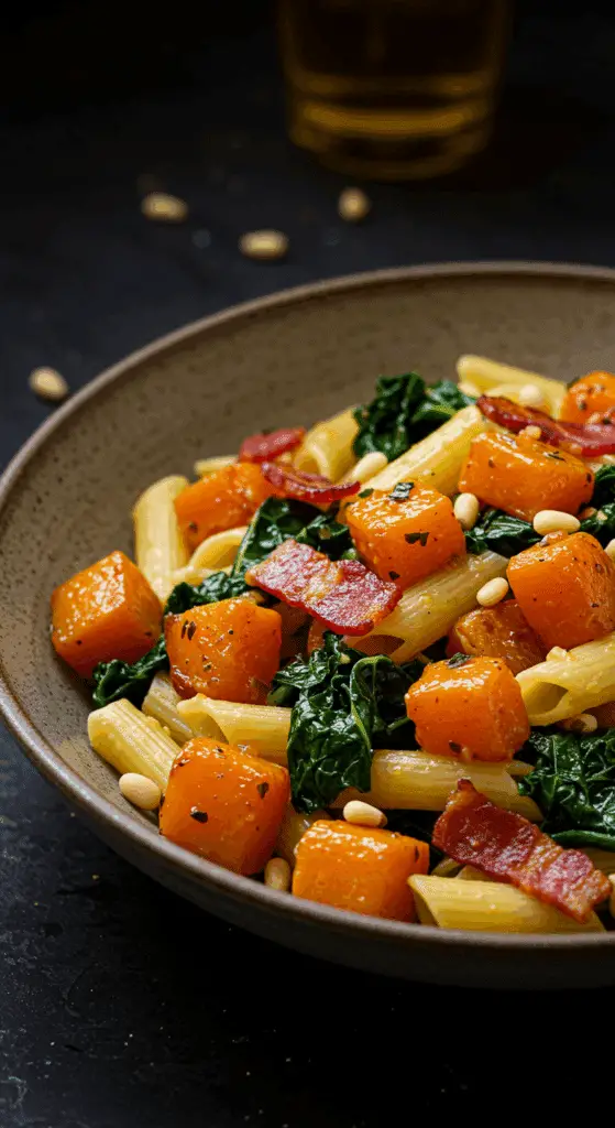 A beautiful, rustic bowl of homemade, savory Butternut Squash and Pancetta Pasta with kale and pine nuts.