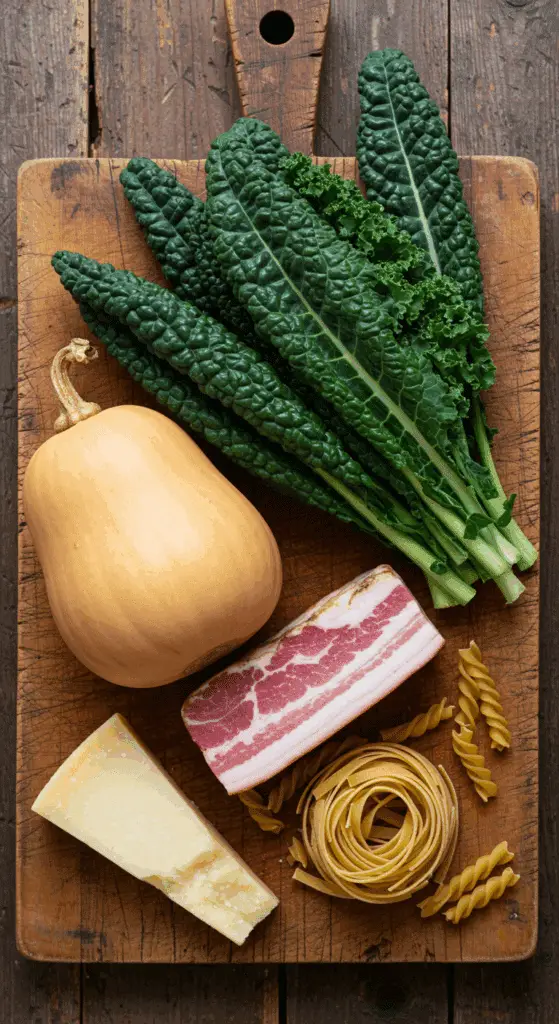 The fresh, from-scratch ingredients for the classic, savory Butternut Squash and Pancetta Pasta.