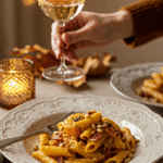 An elegant bowl of homemade, creamy Butternut Squash and Pancetta Pasta being served at a sophisticated fall dinner party.