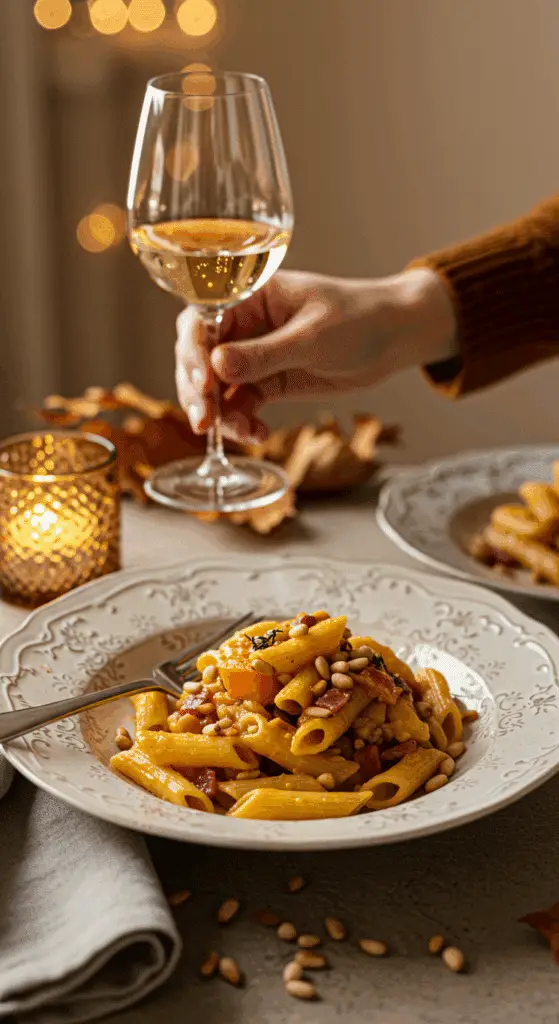 An elegant bowl of homemade, creamy Butternut Squash and Pancetta Pasta being served at a sophisticated fall dinner party.