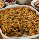 The stunning Stuffed Mushroom Stuffing casserole as the centerpiece of a festive Thanksgiving dinner table.