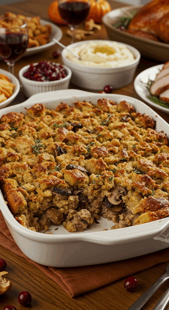 The stunning Stuffed Mushroom Stuffing casserole as the centerpiece of a festive Thanksgiving dinner table.