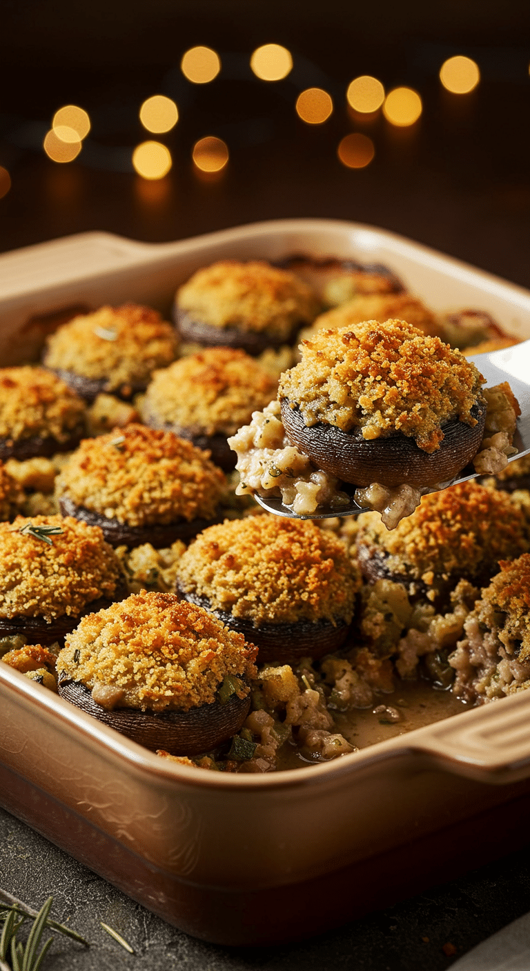 A beautiful, golden-brown, homemade Stuffed Mushroom Stuffing casserole with a scoop being lifted out.