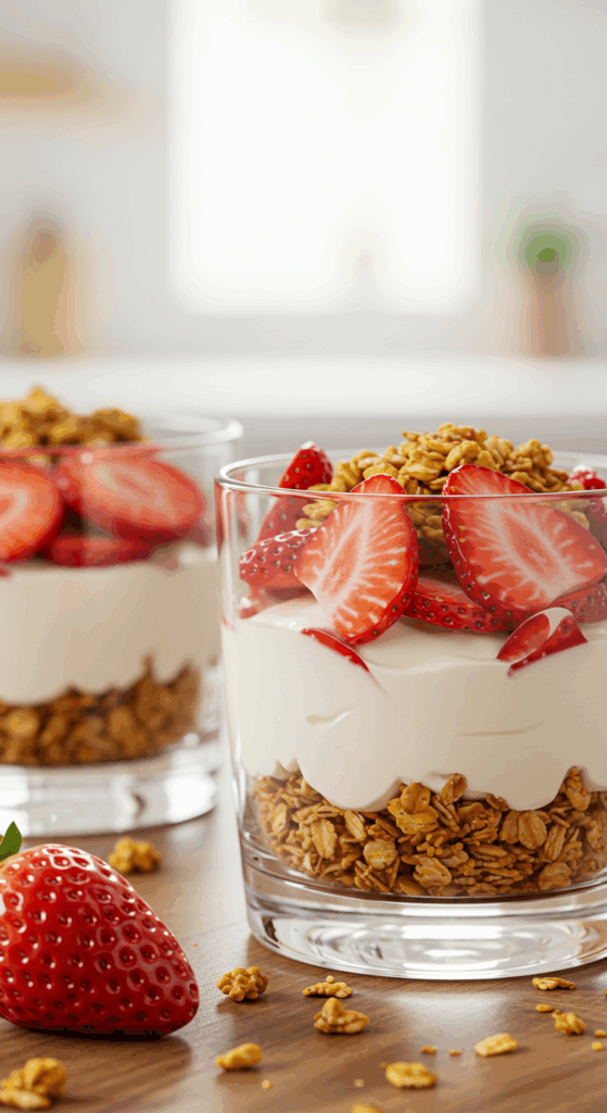 A beautiful, layered, high-protein Strawberry Cheesecake Breakfast Parfait in a clear glass.