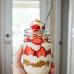 A hand holding a healthy, high-protein Strawberry Cheesecake Breakfast Parfait in a mason jar.