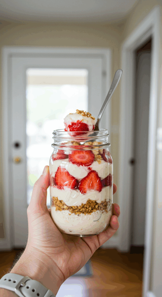 A hand holding a healthy, high-protein Strawberry Cheesecake Breakfast Parfait in a mason jar.