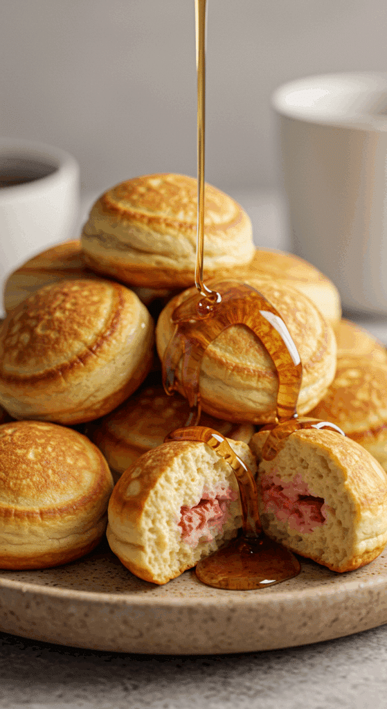 A beautiful pile of fluffy, golden-brown Strawberry Drop Pancake Bites with a drizzle of maple syrup.
