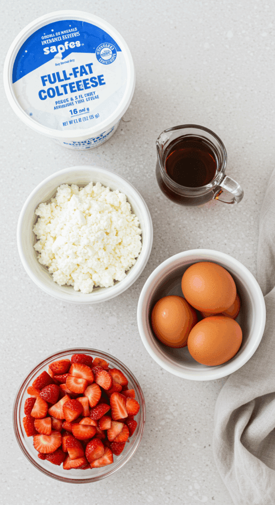 The healthy, simple ingredients for the High-Protein Strawberry Drop Pancake Bites.