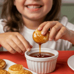 A child's hands happily dipping a Strawberry Drop Pancake Bite into a bowl of maple syrup.