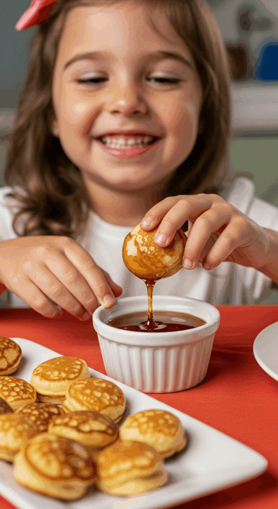 A child's hands happily dipping a Strawberry Drop Pancake Bite into a bowl of maple syrup.