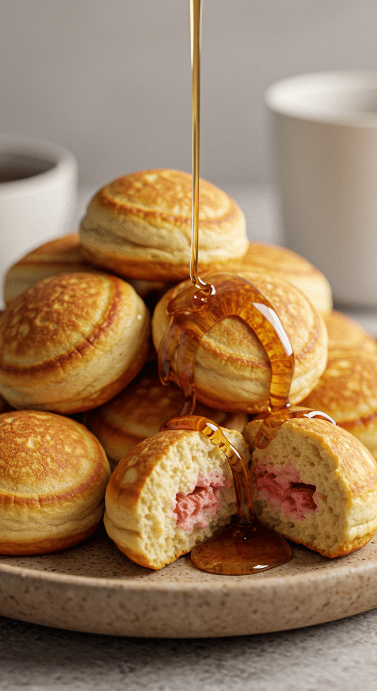 A beautiful pile of fluffy, golden-brown Strawberry Drop Pancake Bites with a drizzle of maple syrup.