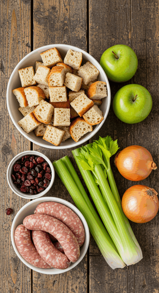 The rustic, from-scratch ingredients for the classic Sausage and Herb Stuffing recipe.