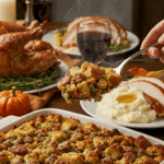 Serving a large, delicious scoop of homemade Sausage and Herb Stuffing at a happy Thanksgiving dinner.