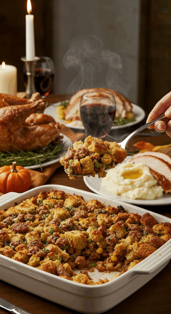 Serving a large, delicious scoop of homemade Sausage and Herb Stuffing at a happy Thanksgiving dinner.