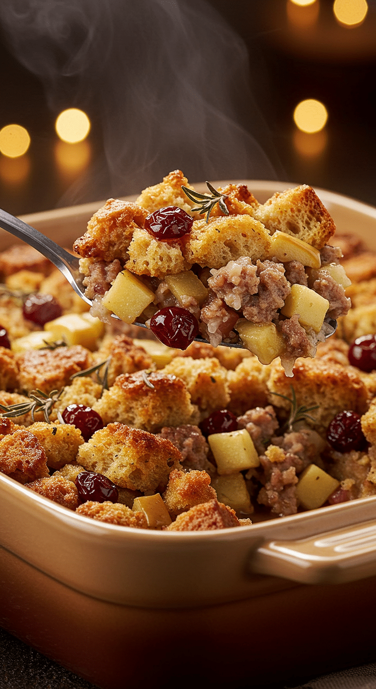 A beautiful, golden-brown, homemade Sausage and Herb Stuffing in a casserole dish with a scoop being lifted out.