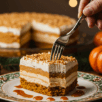 A beautiful, layered slice of homemade Spiced Pumpkin Icebox Cake being served as dessert at a festive Thanksgiving dinner.
