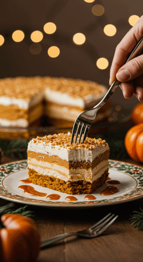 A beautiful, layered slice of homemade Spiced Pumpkin Icebox Cake being served as dessert at a festive Thanksgiving dinner.