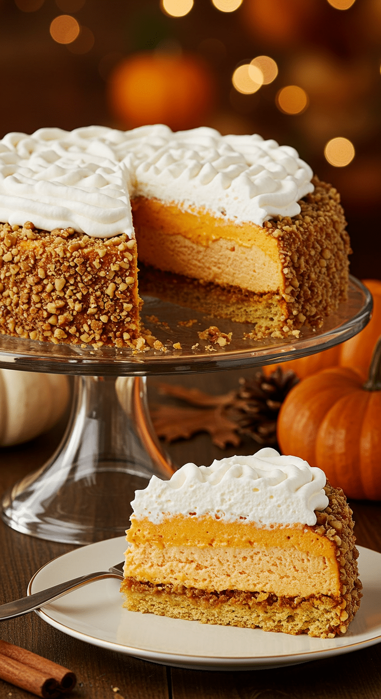 A beautiful, layered, homemade Spiced Pumpkin Icebox Cake on a cake stand with a perfect slice removed.