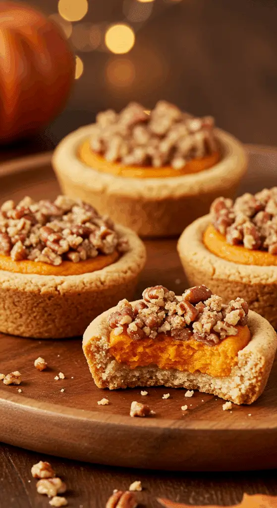 A beautiful platter of three adorable, homemade Sweet Potato Pie Cookies with a crunchy pecan crumble topping.