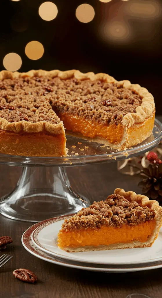 A beautiful, homemade Sweet Potato Streusel Pie on a cake stand with a perfect, creamy, and crunchy slice removed.