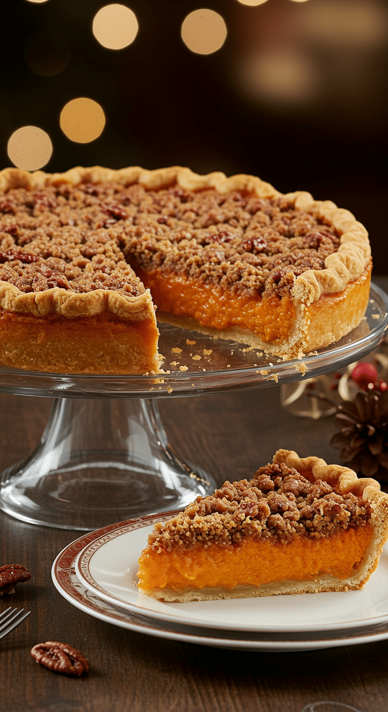 A beautiful, homemade Sweet Potato Streusel Pie on a cake stand with a perfect, creamy, and crunchy slice removed.