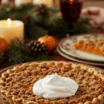A perfect slice of homemade Sweet Potato Streusel Pie with a dollop of whipped cream being served for a holiday dessert.