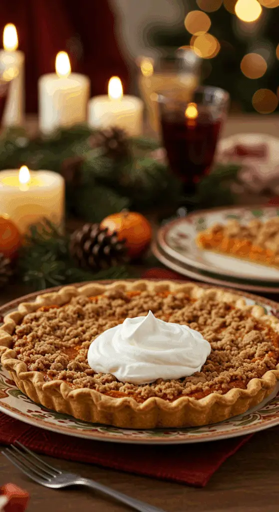 A perfect slice of homemade Sweet Potato Streusel Pie with a dollop of whipped cream being served for a holiday dessert.