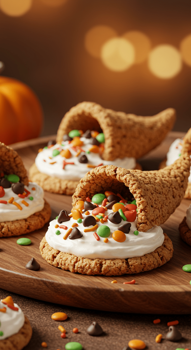 A beautiful platter of adorable, homemade Thanksgiving Cornucopia Cookies with a Bugles cornucopia decoration.