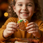 A child's hands proudly holding a homemade Thanksgiving Cornucopia Cookie they helped decorate.