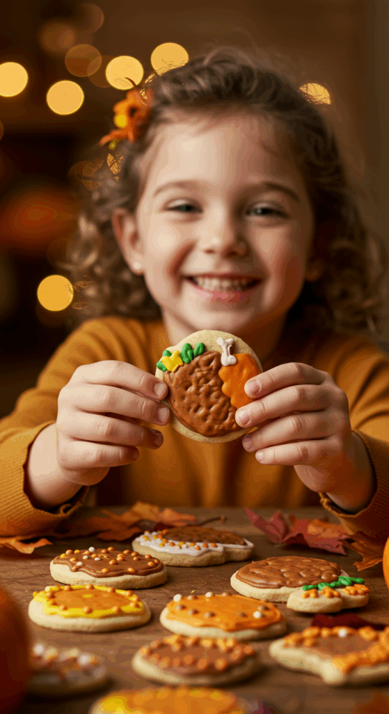 A child's hands proudly holding a homemade Thanksgiving Cornucopia Cookie they helped decorate.