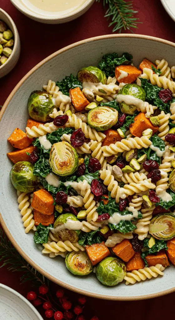 A large, beautiful bowl of vibrant and healthy Thanksgiving Pasta Salad with roasted vegetables and a creamy tahini dressing.