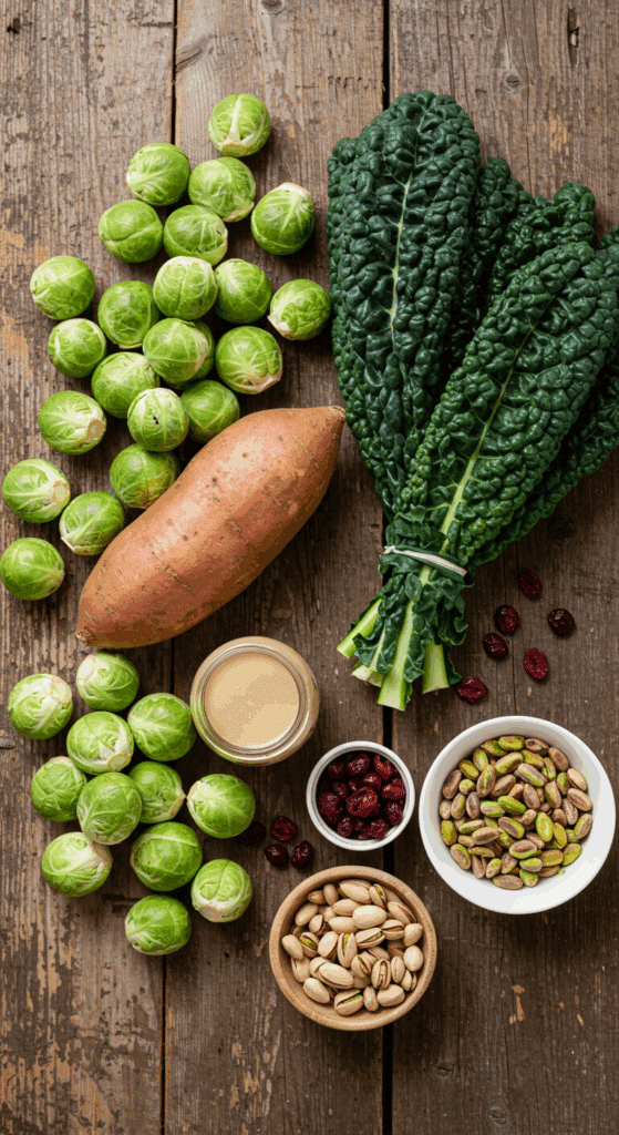 The fresh, seasonal ingredients for the Thanksgiving Pasta Salad recipe with roasted vegetables.