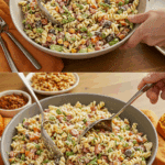 Serving a large scoop of the vibrant Thanksgiving Pasta Salad at a festive holiday dinner.