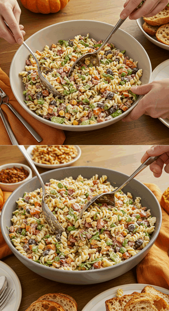 Serving a large scoop of the vibrant Thanksgiving Pasta Salad at a festive holiday dinner.