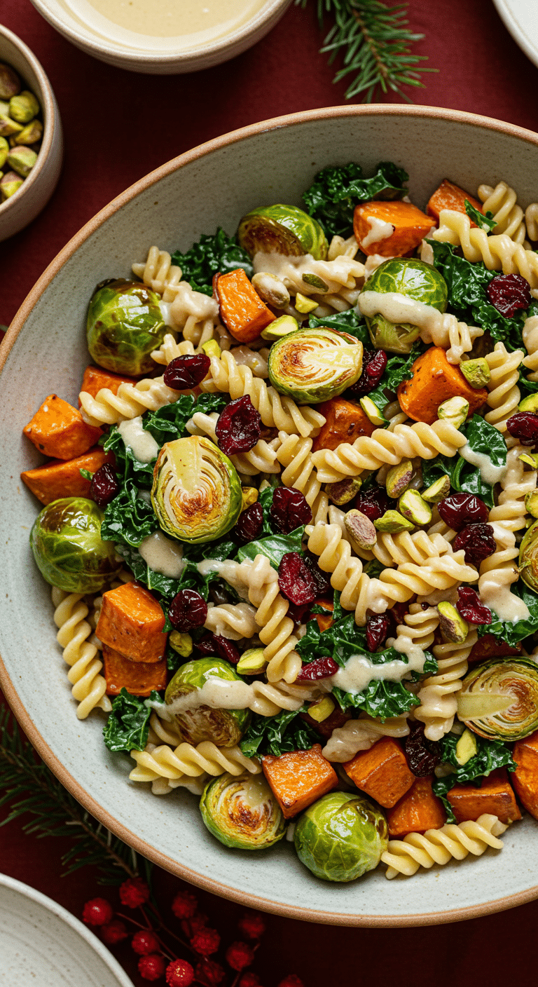 A large, beautiful bowl of vibrant and healthy Thanksgiving Pasta Salad with roasted vegetables and a creamy tahini dressing.