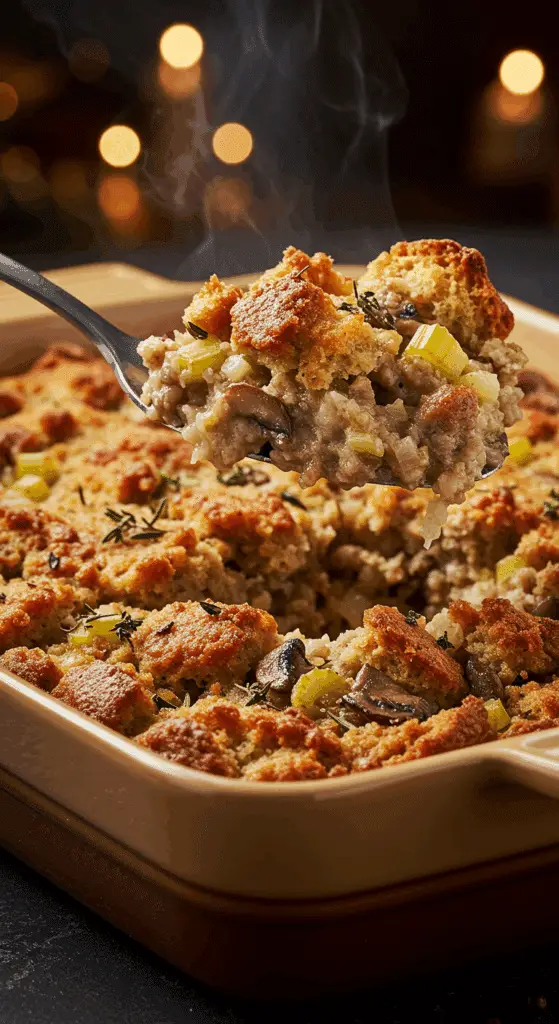 A beautiful, golden-brown, homemade Sausage and Herb Stuffing in a casserole dish with a scoop being lifted out.