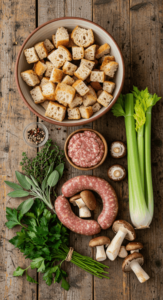 The rustic, from-scratch ingredients for the classic Sausage and Herb Stuffing recipe.