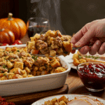 Serving a large, delicious scoop of homemade Sausage and Herb Stuffing at a happy Thanksgiving dinner.