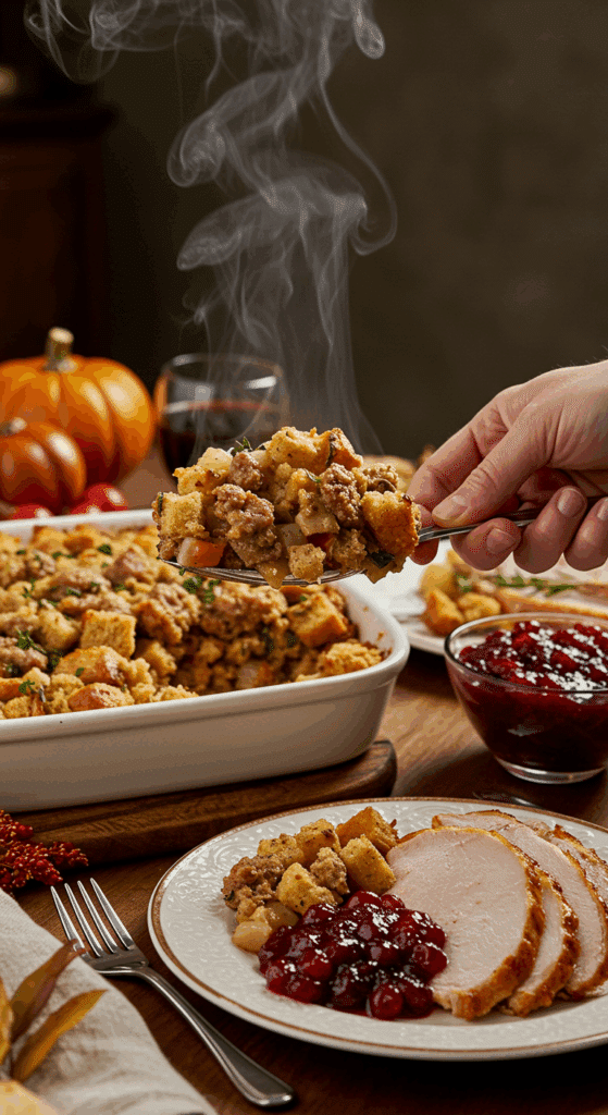 Serving a large, delicious scoop of homemade Sausage and Herb Stuffing at a happy Thanksgiving dinner.