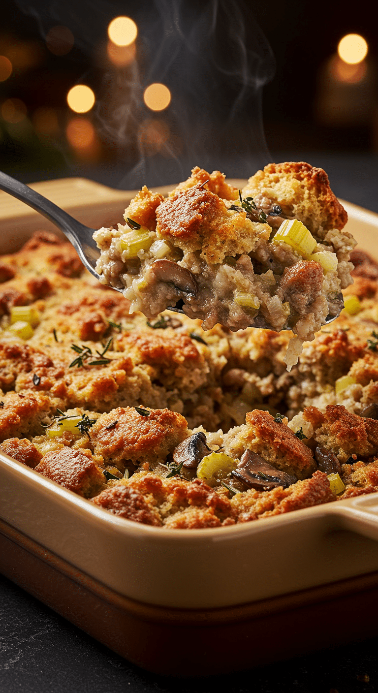 A beautiful, golden-brown, homemade Sausage and Herb Stuffing in a casserole dish with a scoop being lifted out.