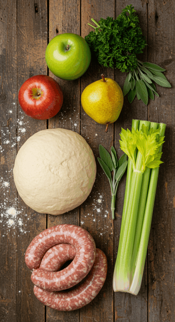 The fresh, rustic ingredients for the from-scratch Thanksgiving Stuffing Focaccia recipe.