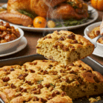 Serving a warm, delicious square slice of the homemade Thanksgiving Stuffing Focaccia at a festive holiday dinner.