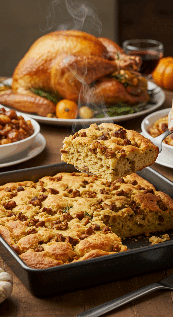 Serving a warm, delicious square slice of the homemade Thanksgiving Stuffing Focaccia at a festive holiday dinner.