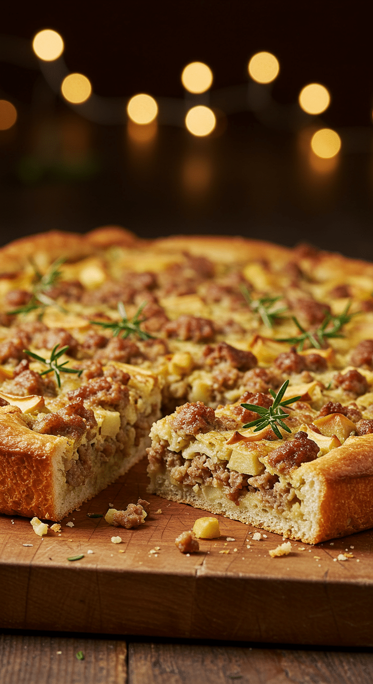 A beautiful, golden-brown, homemade Thanksgiving Stuffing Focaccia with a savory sausage and apple topping.