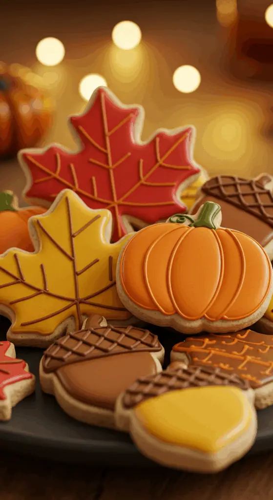 A beautiful platter of adorable, homemade Spiced Thanksgiving Sugar Cookies, decorated in festive fall shapes and colors.