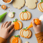A child's hands happily decorating a pumpkin-shaped Thanksgiving sugar cookie with orange royal icing.