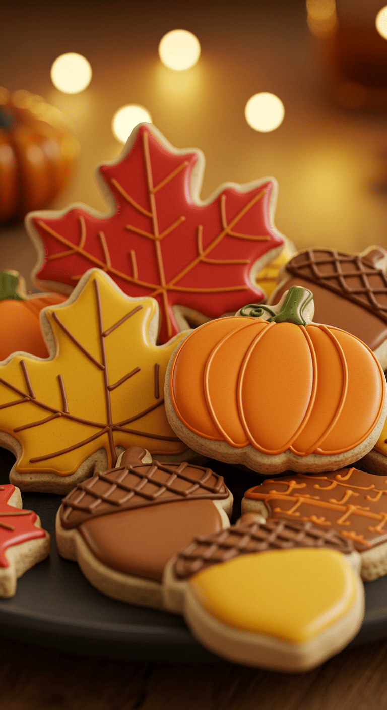 A beautiful platter of adorable, homemade Spiced Thanksgiving Sugar Cookies, decorated in festive fall shapes and colors.
