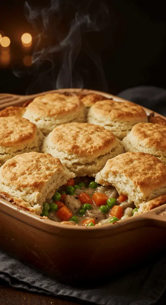 A beautiful, golden-brown homemade Vegetable Pot Pie with a fluffy biscuit topping and a creamy, chunky vegetable filling.