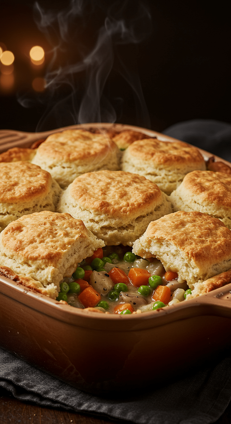 A beautiful, golden-brown homemade Vegetable Pot Pie with a fluffy biscuit topping and a creamy, chunky vegetable filling.